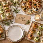Produits festifs traiteur : plateau cocktail mini-sandwichs, tartelettes et verrines