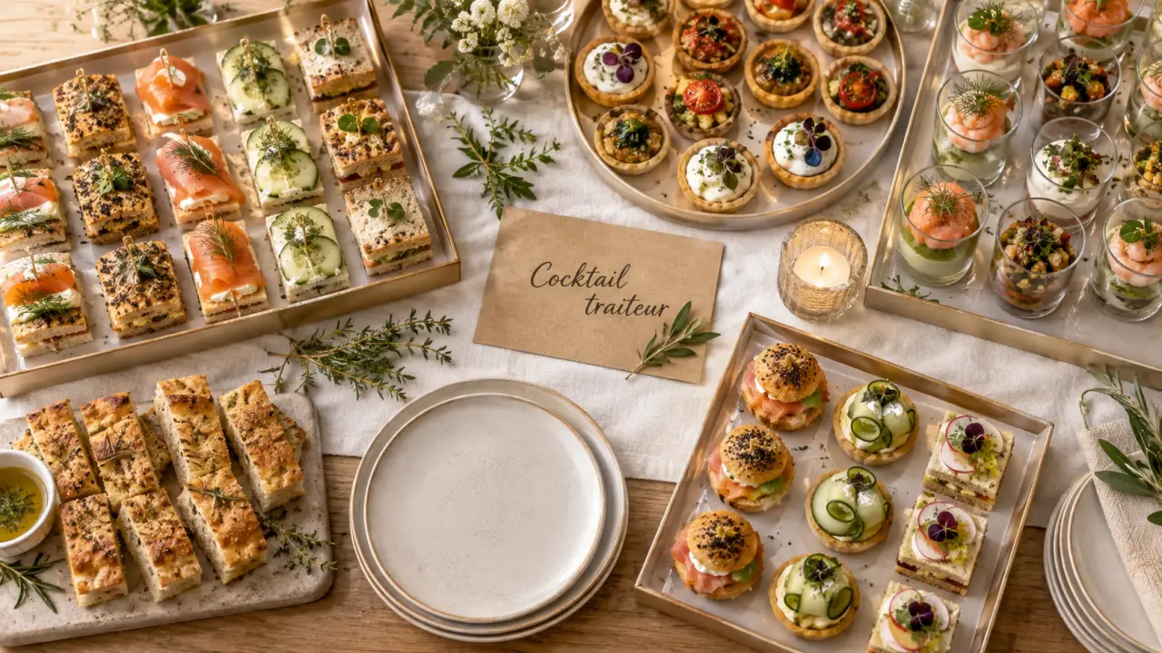 Produits festifs traiteur : plateau cocktail mini-sandwichs, tartelettes et verrines