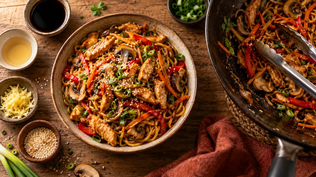Recettes cuisine chinoise traditionnelle : nouilles sautées au poulet et légumes