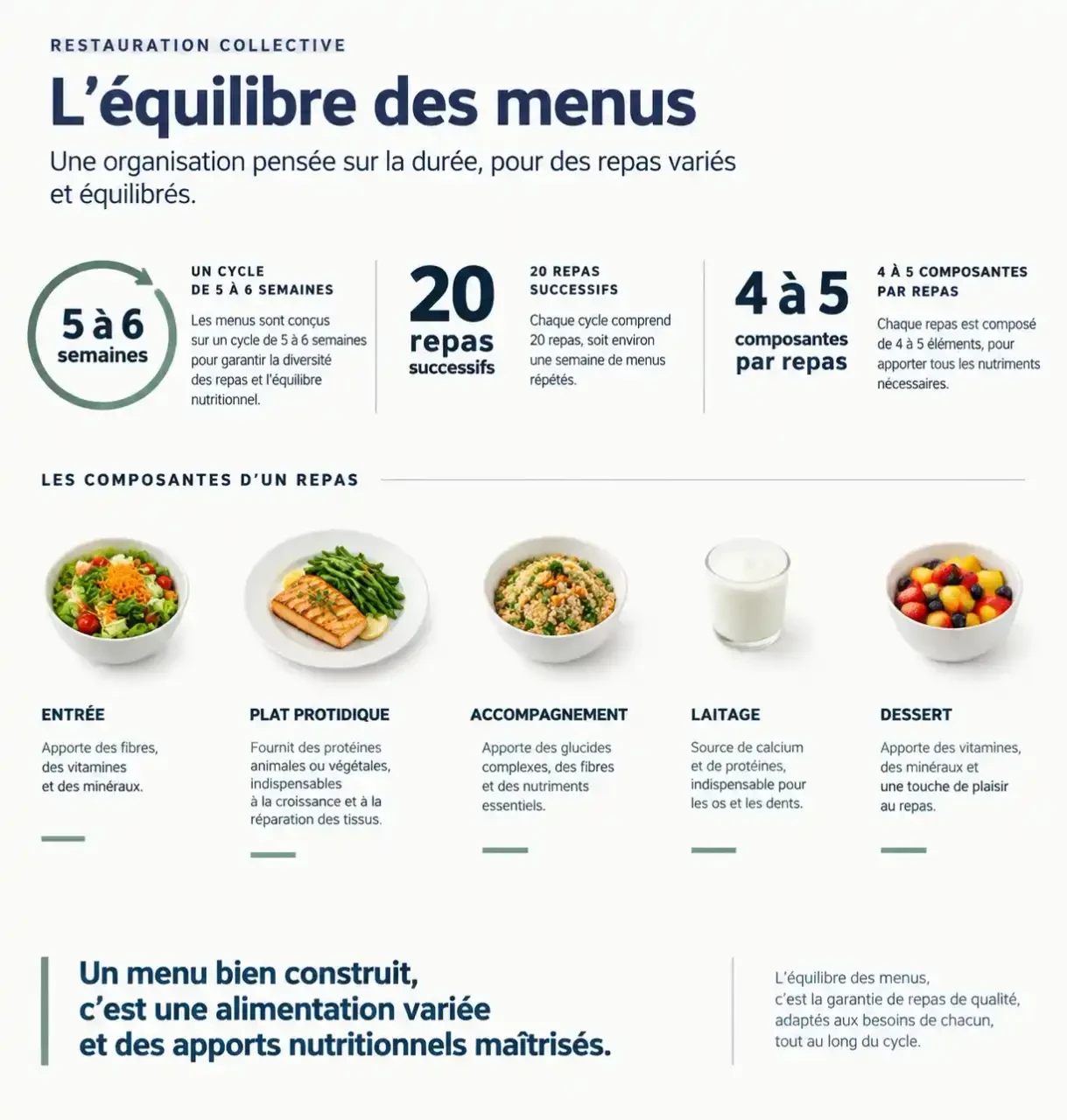Principe d'équilibre des menus restauration sur un cycle de 20 repas et 4 à 5 composantes