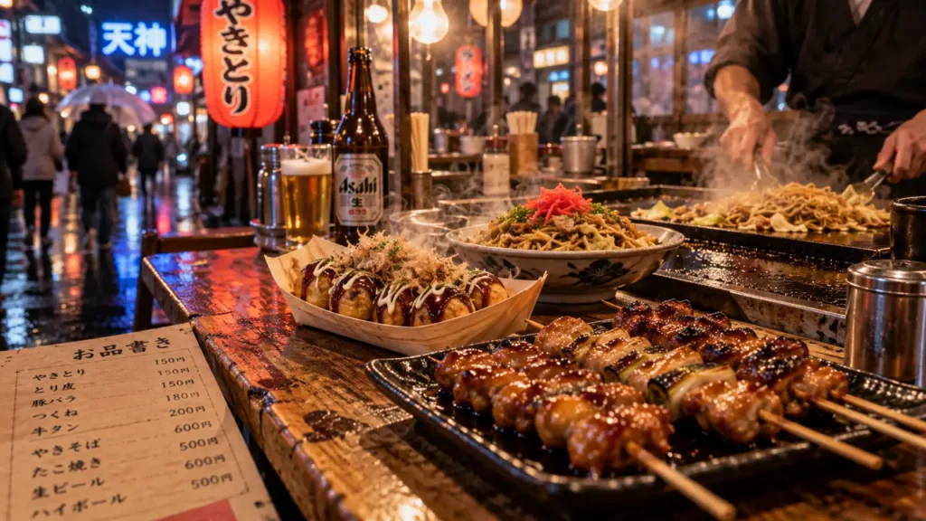 Food japan street à Fukuoka : yatai yakitori et takoyaki fumants