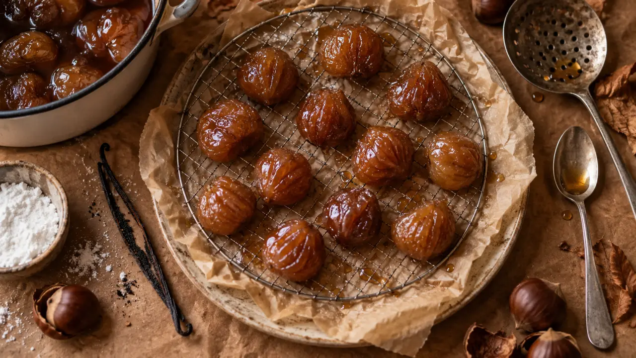 Recettes des marrons glacés : marrons glacés tièdes, glaçage caramel