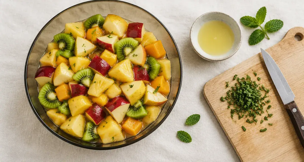 Salade au fruit recette, saladier de fruits frais et menthe